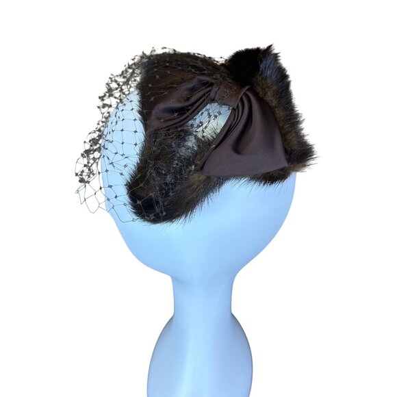 Brown Women’s Mink Fur Cocktail Hat With Bow & Net Veil Vintage Elegant Style - Picture 2 of 5